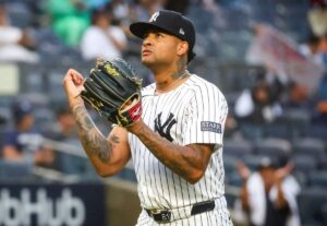 New York Yankees’ Luis Gil celebrates after five shutout innings against the Los Angeles Angels, Wednesday, Aug. 7, 2024, in New York.