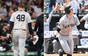 Yankees' first baseman Anthony Rizzo is escorted out after an injury on June 16, 2024, at Fenway Park, and his replacement Ben Rice homers on July 30, 2024, at Philadelphia..