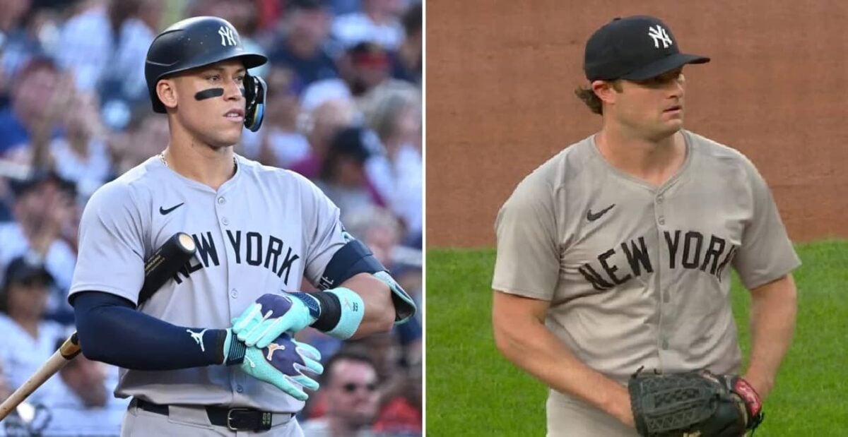 Yankees' Aaron Judge and Gerrit Cole react during the 4-2 loss to the Nationals on August 27, in Washington.