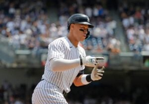 Aaron Judge hits a home run during the Yankees’ win over the Blue Jays on Aug. 3, 2024.
