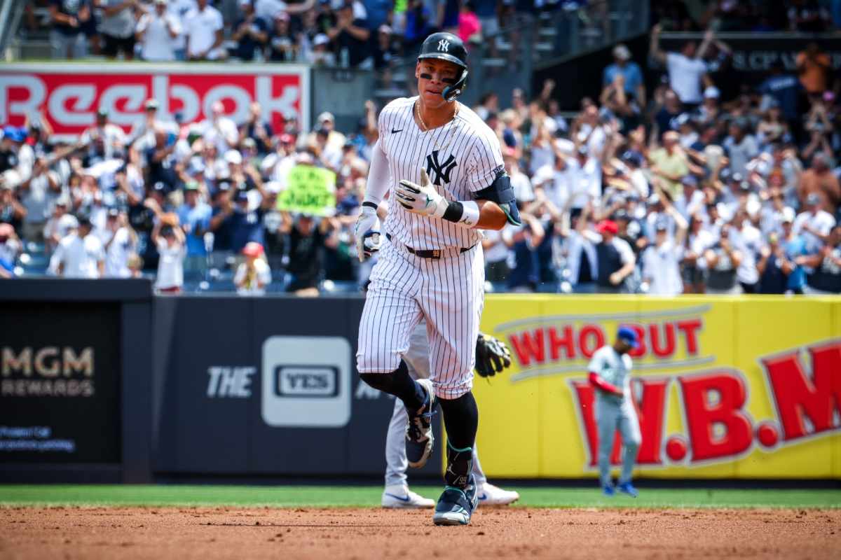 Aaron Judge hits a home run during the Yankees’ win over the Blue Jays on Aug. 3, 2024.