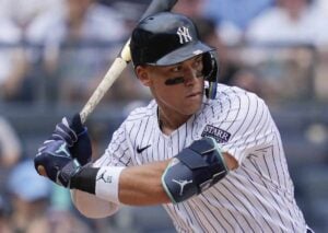 Aaron Judge hits a home run during the Yankees’ win over the Blue Jays on Aug. 3, 2024.