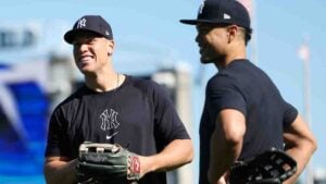 Aaron Judge and Giancarlo Stanton during the 2024 Yankees spring training