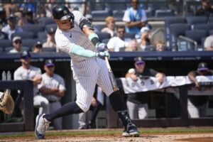 New York Yankees' Aaron Judge hits a home run during the first inning of a baseball game against the Colorado Rockies, Sunday, Aug. 25, 2024, in New York.