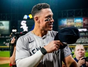 Yankees' Aaron Judge looks cheerful after hitting his 300th home run at Yankee Stadium against the White Sox on August 14, 2024.