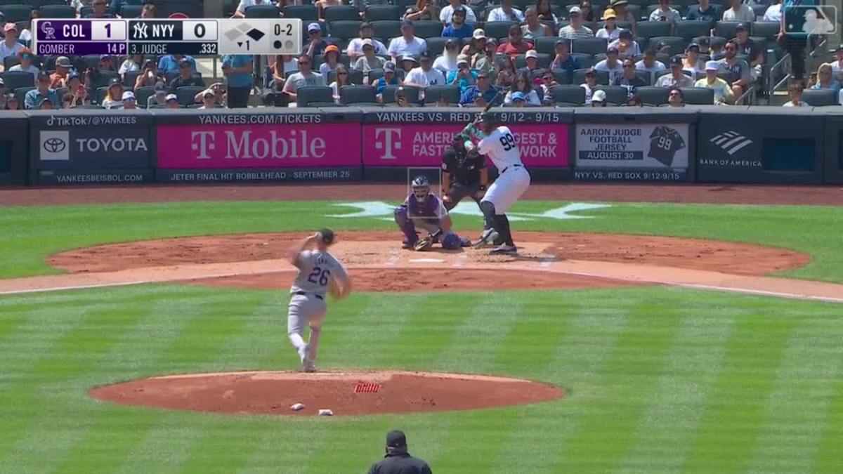 New York Yankees' Aaron Judge hits a home run during the first inning of a baseball game against the Colorado Rockies, Sunday, Aug. 25, 2024, in New York.