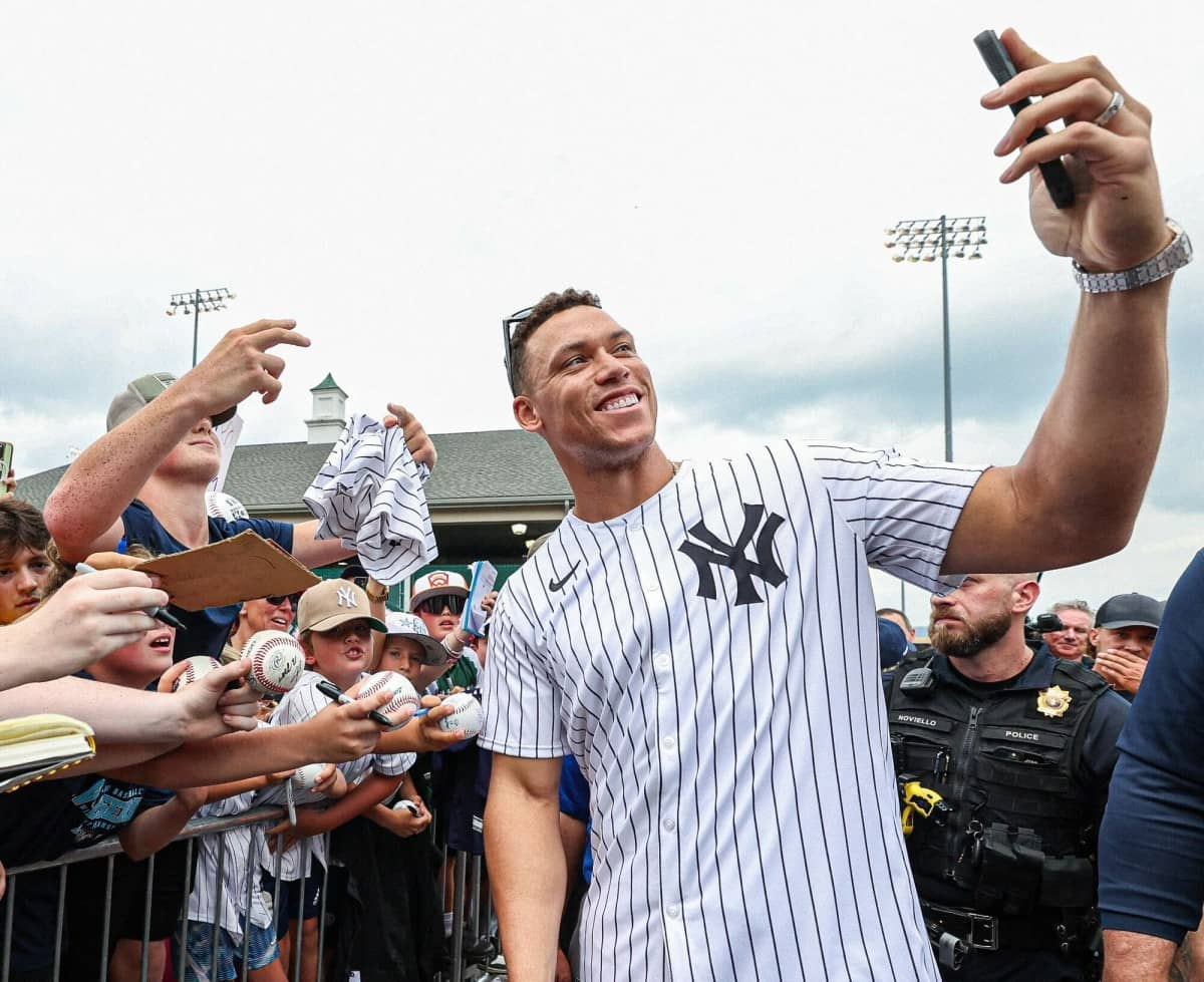 Yankees captain Aaron Judge takes selfie with fans at the Little League World Series venue, at Bowman Field in Williamsport, Pa., on August 18, 2024.