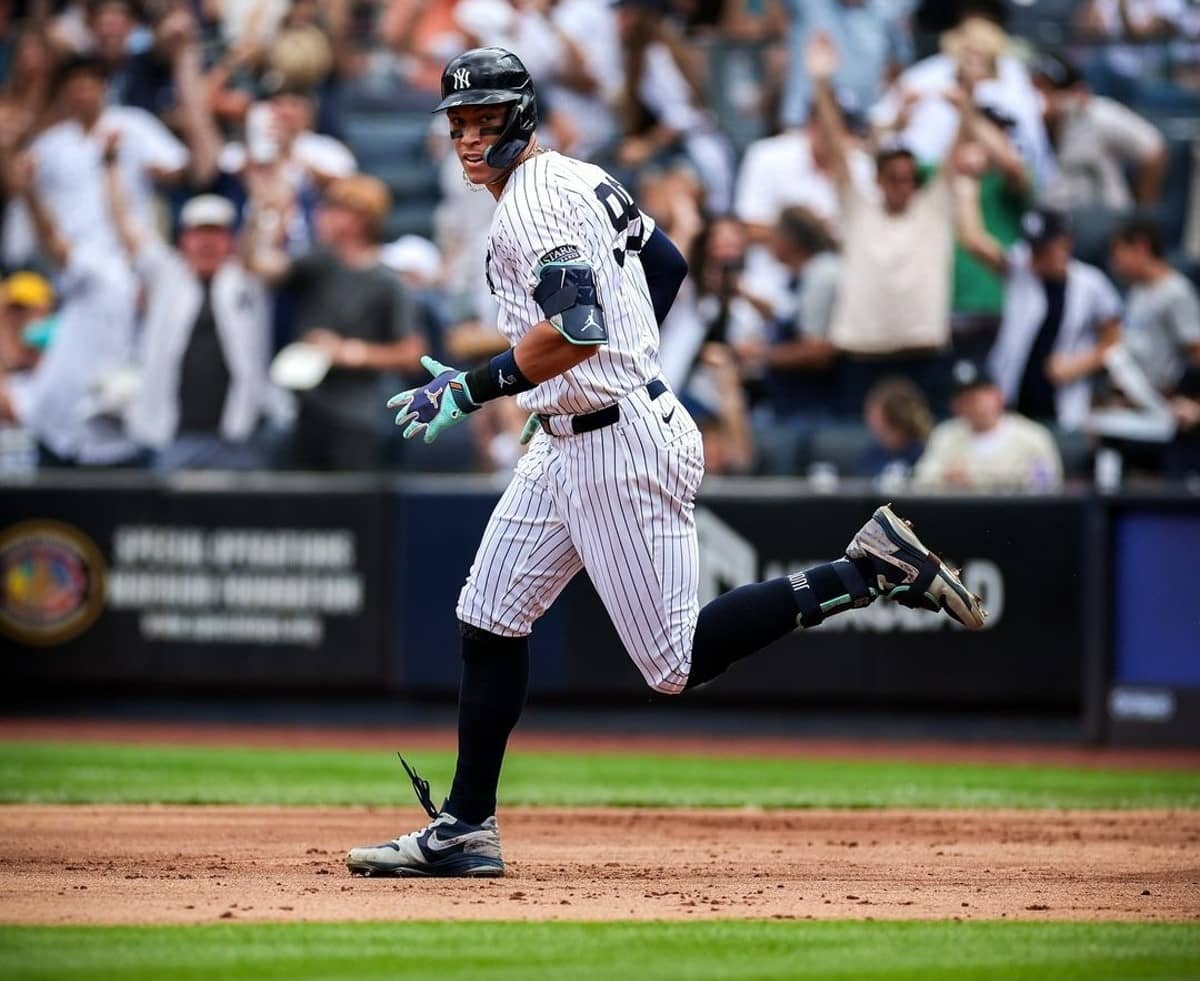 New York Yankees slugger Aaron Judge celebrates after his 48th home run of the season at Yankee Stadium vs. Cleveland on August 22, 2024.