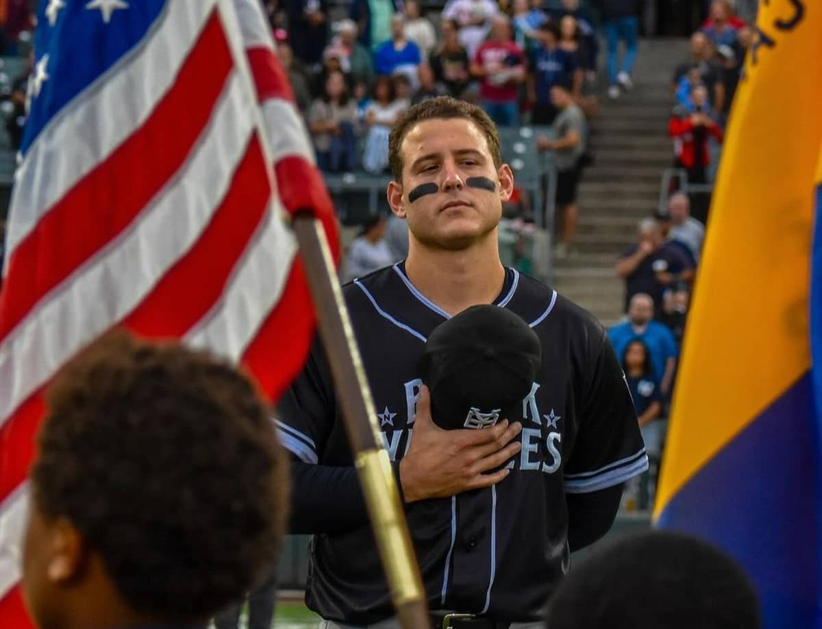 Yankees' Anthony Rizzo in Black Yankees jersey as the Somerset Patriots honor the Negro Leagues baseball team on August 30, 2024.