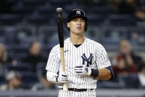 New York Yankees shortstop Anthony Volpe exited Thursday night’s game on August 8, 2024 against the Los Angeles Angels due to pain in his left foot.