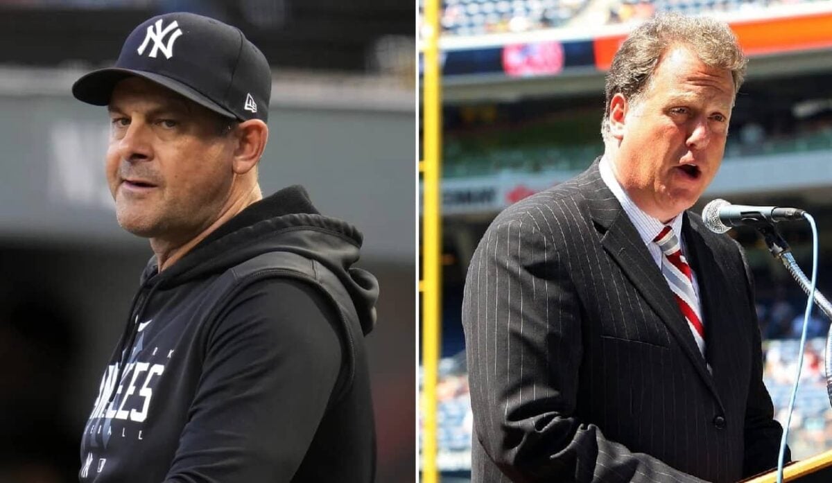 Yankees manager Aaron Boone and voice Michael Kay.