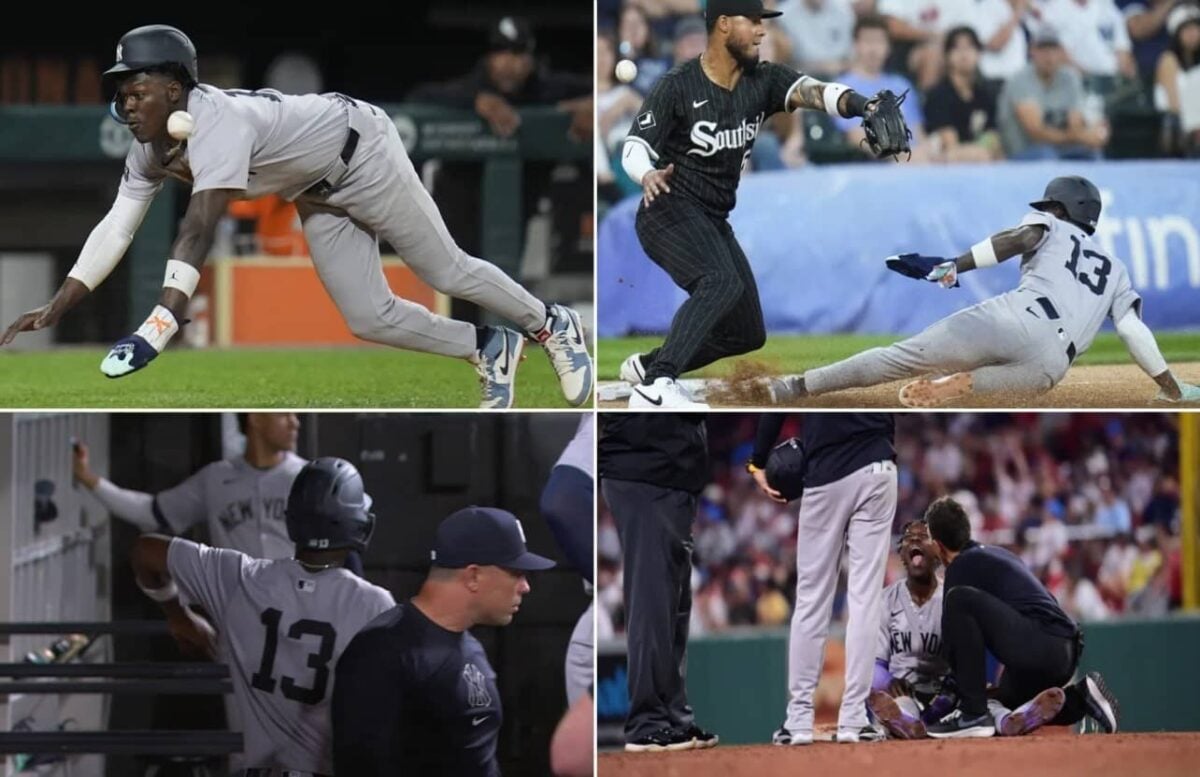 Yankees' Jazz Chisholm Jr. exited the game vs. the White Sox in the fifth inning due to an elbow injury on August 12, 2024, in Chicago.