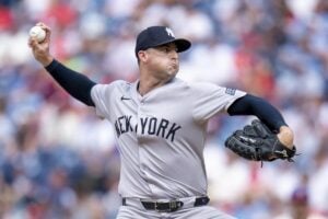 New York Yankees relief pitcher Clay Holmes delivers during the ninth inning of a baseball game against the Philadelphia Phillies, Wednesday, July 31, 2024, in Philadelphia.