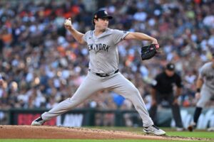 Aug 16, 2024; Detroit, Michigan, USA; New York Yankees starting pitcher Gerrit Cole (45) throws a pitch against the Detroit Tigers in the second inning at Comerica Park