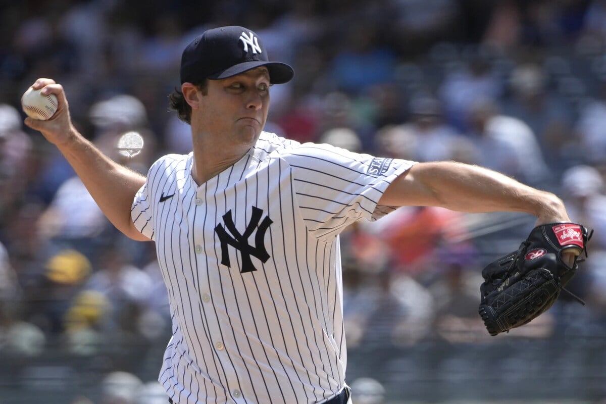 New York Yankees’ Gerrit Cole pitches during the first inning of a baseball game against the Cleveland Guardians, Thursday, Aug. 22, 2024, in New York.