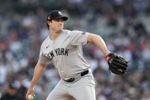 New York Yankees starting pitcher Gerrit Cole throws during the first inning of a baseball game against the Detroit Tigers, Friday, Aug. 16, 2024, in Detroit.