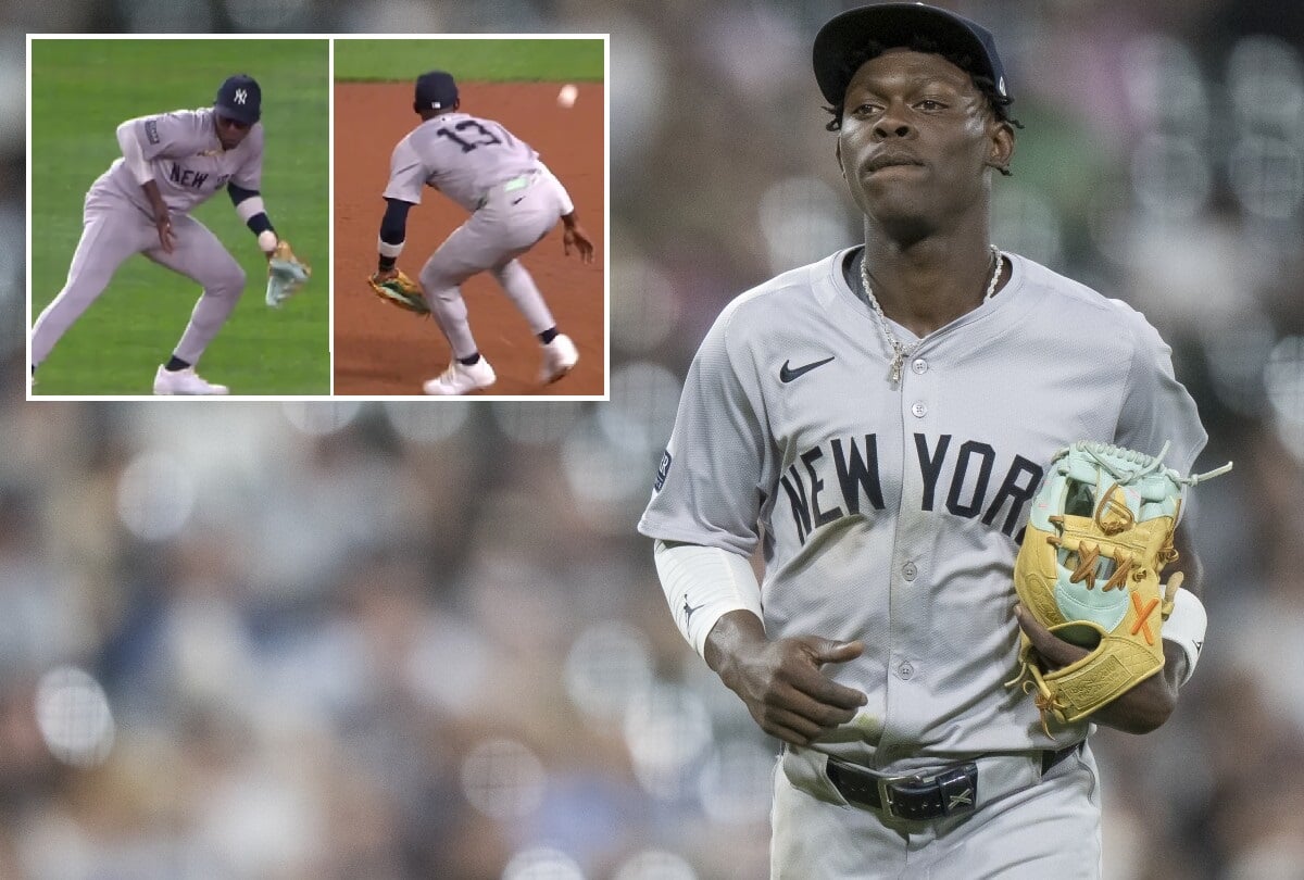 Jazz Chisholm, Jr. makes his fifth defensive error in five games in the Yankees' 4-2 loss against the Nationals on August 27, 2024, in Washington.