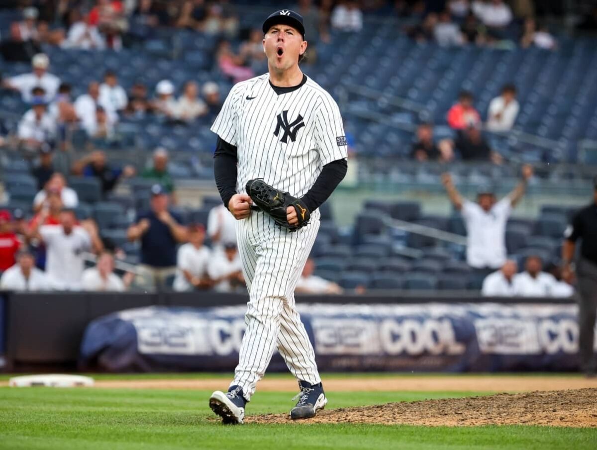 Yankees' reliever Mark Leiter reacts after his successful outing against the Blue Jays in New York on August 4, 2024.