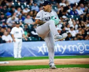 New York Yankees starting pitcher Nestor Cortes delivers during the first inning of a baseball game against the Chicago White Sox on Tuesday, Aug. 13, 2024, in Chicago.