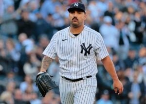 Yankees pitcher Nestor Cortes leaves the game against the Los Angeles Angels in the fifth inning on August 8, 2024, in New York.