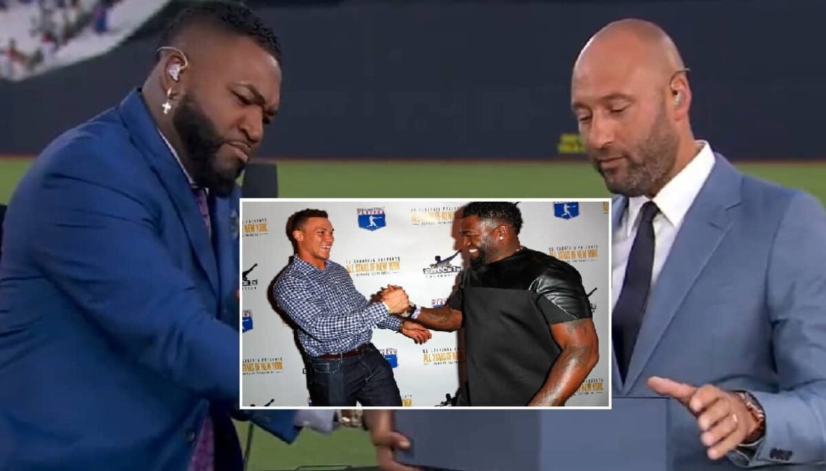 ex-Red Sox David Ortiz is seen with Yankees legend Derek Jeter and current captain Aaron Judge.