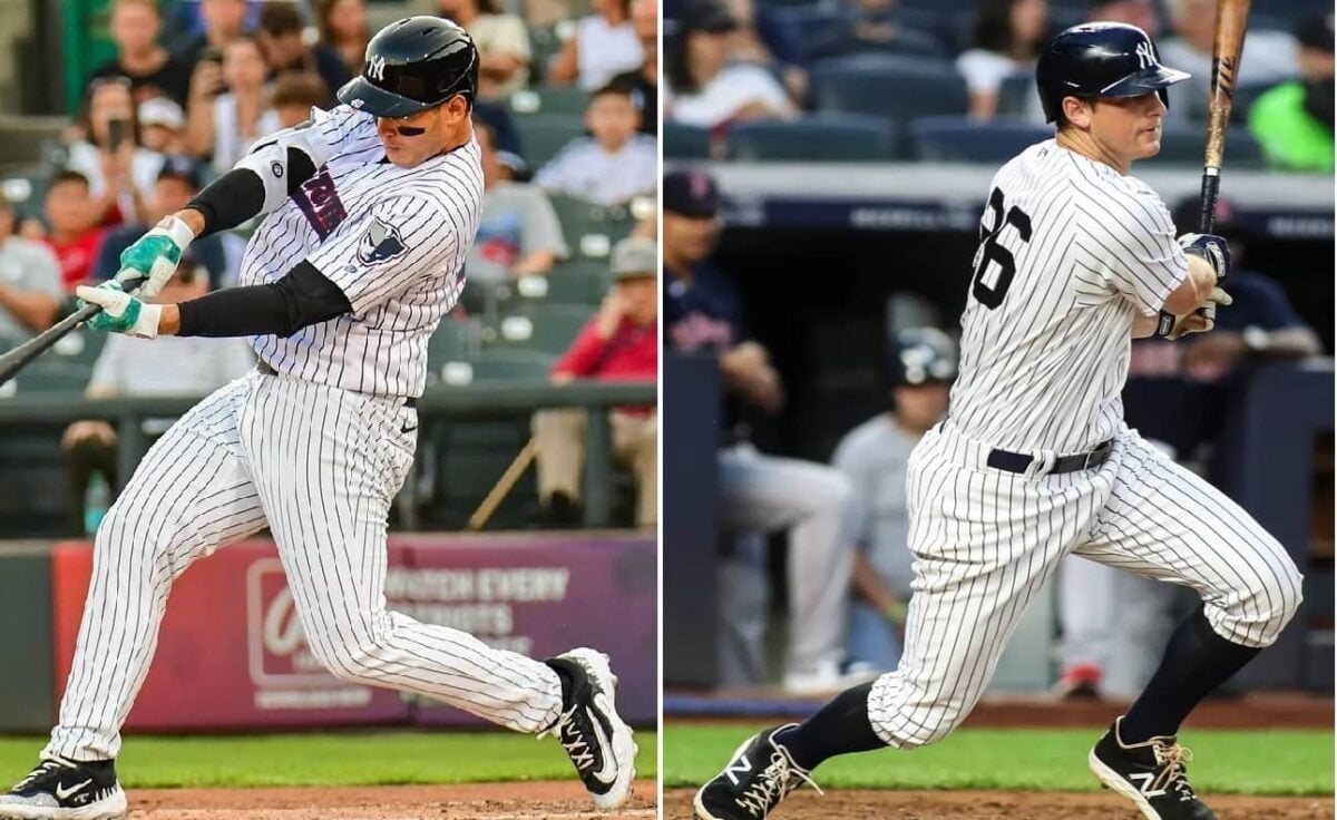 Yankees' Anthony Rizzo at a rehab game playing for the Somerset Patriots on August 27, 2024 and his teammate DJ LeMahieu.