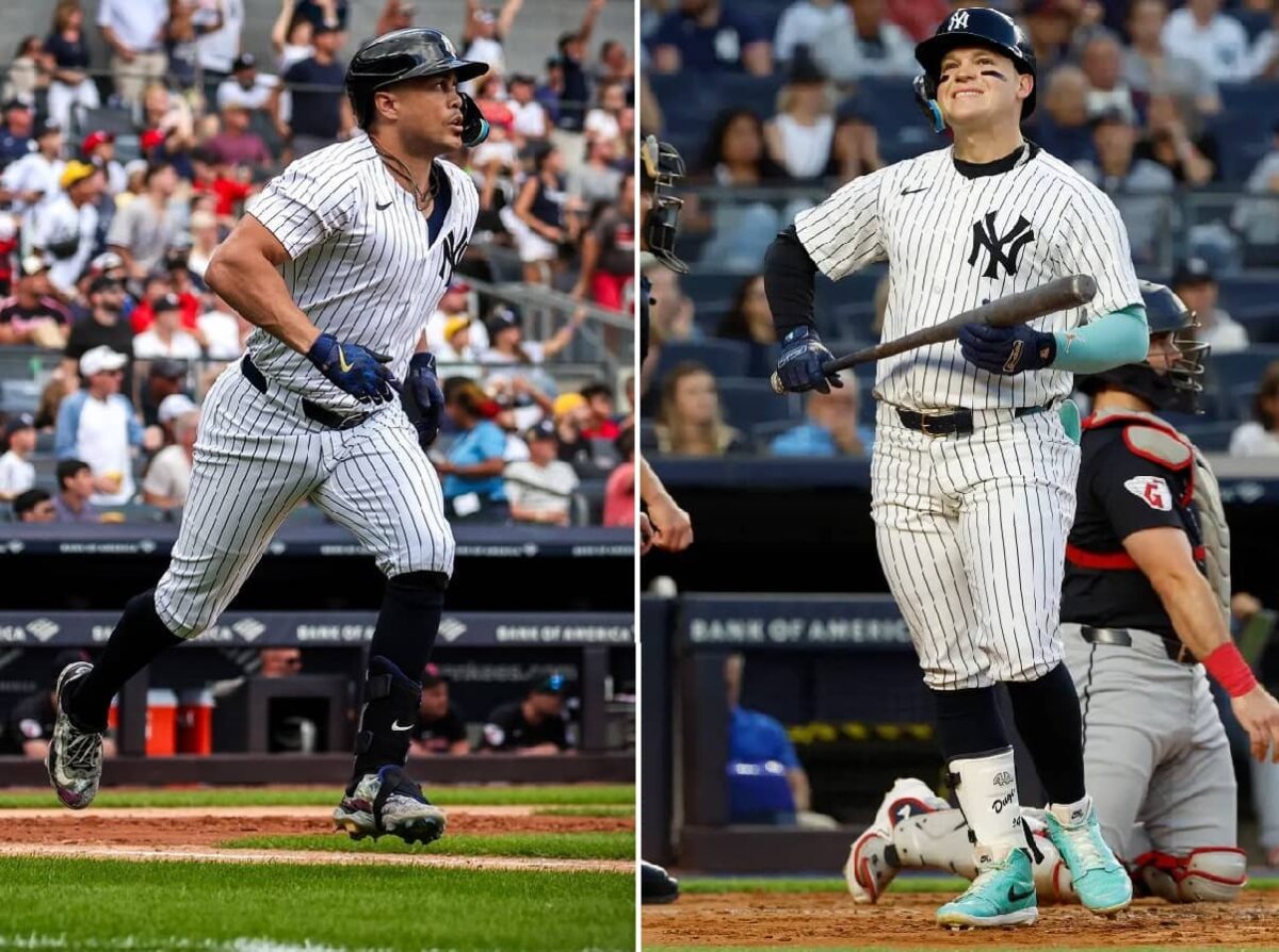 Yankees' slugger Giancarlo Stanton hits a homer while OF Alex Verdugo reacts after being struck out against Cleveland on August 22, 2024, at Yankee Stadium.