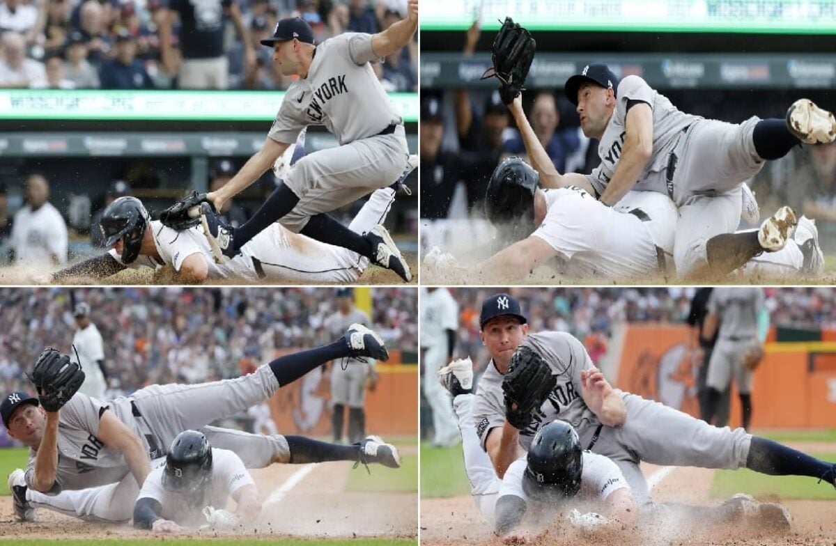 Reliever Tim Mayza, who makes a scoreless Yankees debut, tags out Tigers' Spencer Torkelson at home plate in Detroit on August 17, 2024.