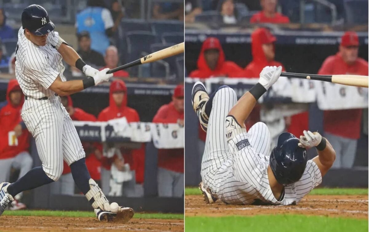 Yankees' Anthony Volpe  fouls the ball off his foot and the reacts during the game against the Angels at Yankee Stadium on August 8, 2024.