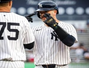 Yankees’ Austin Wells celebrates in the game against the Los Angeles Angels, Wednesday, Aug. 7, 2024, in New York.