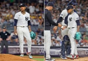 The Yankees are forced to withdraw Marcus Stroman from the mound after the Blue Jays hammered him for seven runs in 2.2 innings at Yankee Stadium on August 2, 2024.