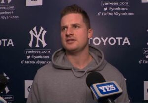 Yankees' Clarke Schmidt talks to reporters after his season ends on a sour note, Sept. 29, 2024, Yankee Stadium.