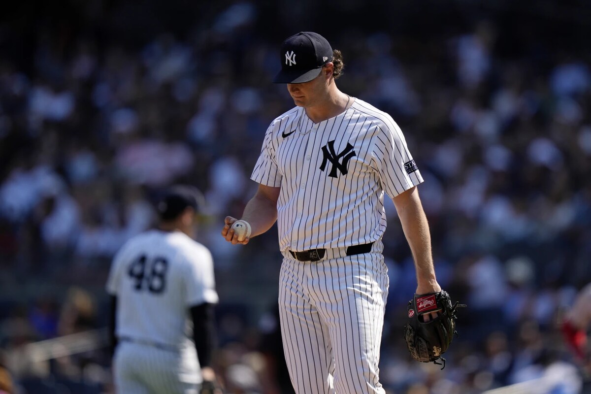 New York Yankees pitcher Gerrit Cole reacts after Boston Red Sox’s Rafael Devers hit a two-run single during the fifth inning of a baseball game, Saturday, Sept. 14, 2024, in New York. 