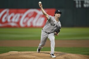 New York Yankees pitcher Gerrit Cole throws against the Oakland Athletics during the first inning of a baseball game Friday, Sept. 20, 2024, in Oakland, Calif.