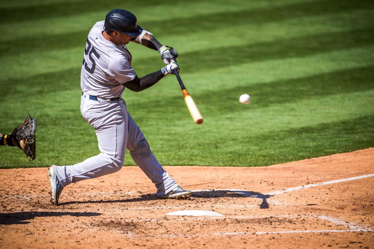 Gleyber Torres hits during the Yankees series sweep in Oakland on September 22, 2024.