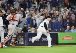 Gleyber Torres is caught in a run down and tagged out on Yankees outfielder Juan Soto’s RBI single on Sept. 24, 2024.