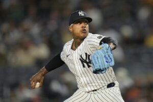 New York Yankees pitcher Marcus Stroman throws during the second inning of a baseball game against the Kansas City Royals at Yankee Stadium, Tuesday, Sept. 10, 2024, in New York.