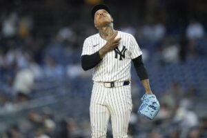 New York Yankees pitcher Marcus Stroman looks up before the start of a baseball game against the Kansas City Royals at Yankee Stadium, Tuesday, Sept. 10, 2024, in New York.