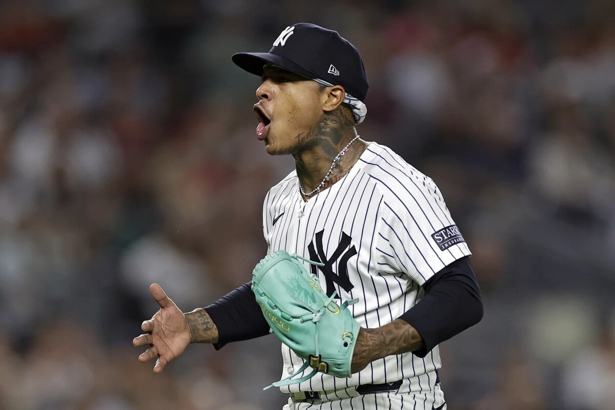 New York Yankees starting pitcher Marcus Stroman reacts after the final out during the sixth inning of a baseball game against the St. Louis Cardinals, Friday, Aug. 30, 2024, in New York.