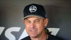 Jun 1, 2024; San Francisco, California, USA; New York Yankees manager Aaron Boone (17) reacts to a reporter's question while talking to the media before the game between the San Francisco Giants and the New York Yankees at Oracle Park.