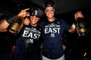 Aaron Judge and Juan Soto celebrate after the Yankees win the AL East title at Yankee Stadium on Sept. 26, 2024.