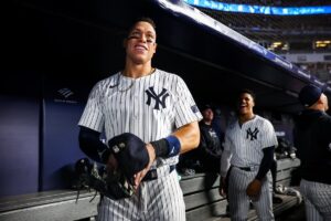 Yankees' Aaron Judge is at the team's dugout in Yankee Stadium after his grand slam against the Red Sox on Sept. 13, 2024.