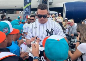 Yankees' captain Aaron Judge arrives for the Little League World Series at Williamsport, PA, on August 13, 2024.