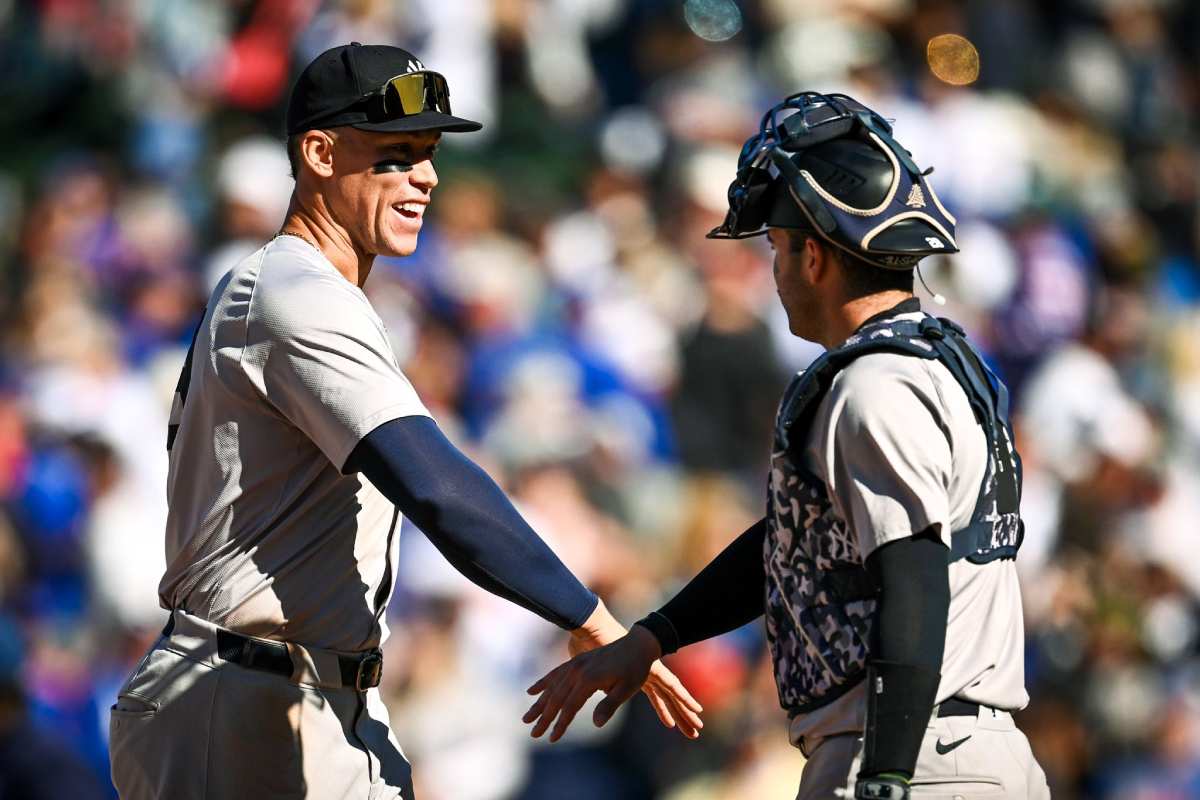 Yankees starters Aaron Judge and Austin Wells during the game against the Cubs in Chicago on Saturday