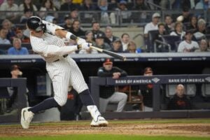 New York Yankees’ Aaron Judge hits a home run during the fourth inning of a baseball game against the Baltimore Orioles, Tuesday, Sept. 24, 2024, in New York.