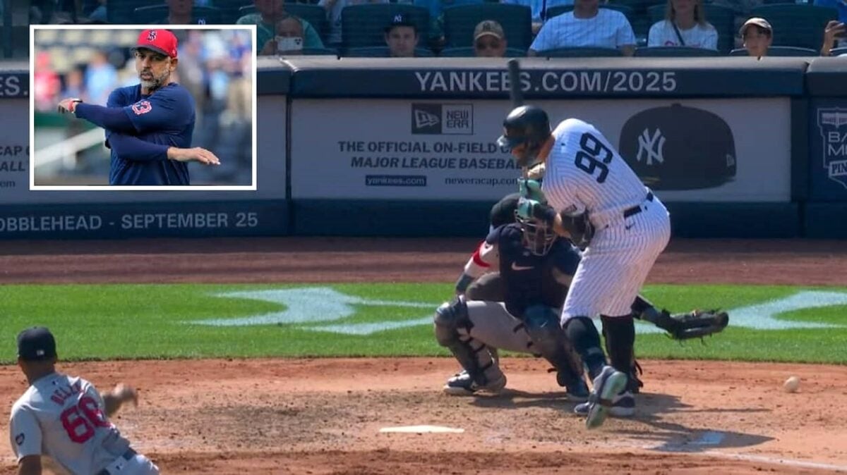 Aaron Judge, de los Yankees, fue golpeado por un lanzamiento de Bryan Bello, de los Medias Rojas, en la sexta entrada del partido del 14 de septiembre de 2024, en el Yankee Stadium.