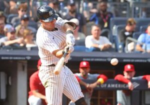 Anthony Volpe #11 of the New York Yankees hits an RBI single during the sixth inning when the New York Yankees played the St. Louis Cardinals Sunday, September 1, 2024.