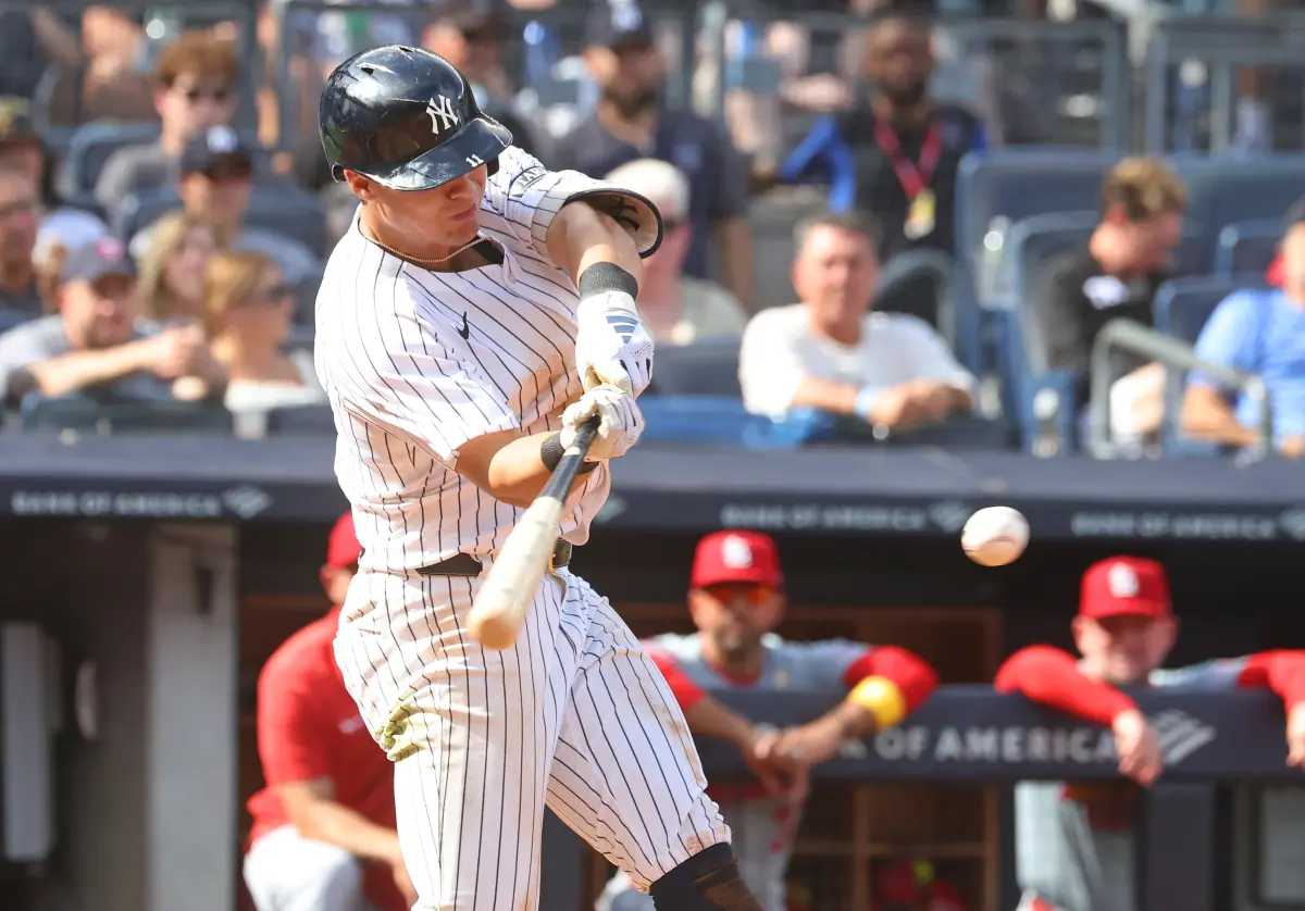 Anthony Volpe #11 of the New York Yankees hits an RBI single during the sixth inning when the New York Yankees played the St. Louis Cardinals Sunday, September 1, 2024.