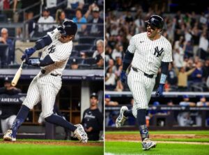 Yankees catcher Austin Wells reacts after hitting a three-run home run during the seventh inning of a baseball game at Yankee Stadium, Monday, Sept. 9, 2024, in New York.