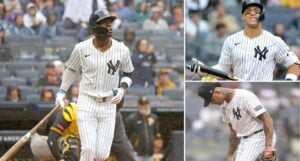 Yankees' Jazz Chisholm, Aaron Judge, and Luis Gil react during the 9-4 loss to the Pirates on Sept. 28, 2024, at Yankee Stadium.